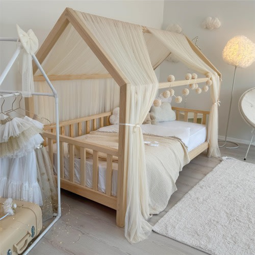 Cream Tulle Canopy for Montessori House Bed, Custom Curtain Set for Kids Bed Frame, Sheer Bed Drapes with Ties, Gift Montessori Bed Canopy,