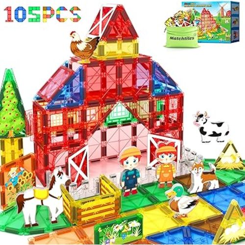 Magnetic Tiles with Farm Animals, Magnetic Blocks Building Toys for 3+ Year Old Toddler, Construction STEM Magnet Toys Gift for Kids, Boys and Girls 3 4 5 6 7 8+ Year Old
