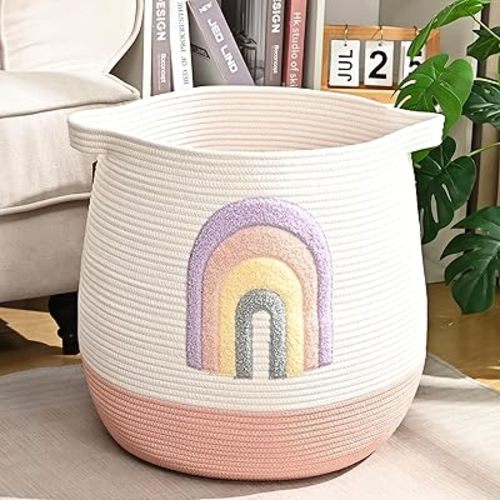 Large Baby Laundry Hamper, Rainbow Laundry Basket for Baby, Toy and Blanket Storage Basket for Nursery and Playroom, Cotton Rope Hamper for Kids, 17.7"x15.7"