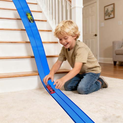 Flexible Diy Track Car for Kids,Toys for boys 15 Feet Long Rolls Up Portable Racetrack with 2 Toy Cars (Blue)