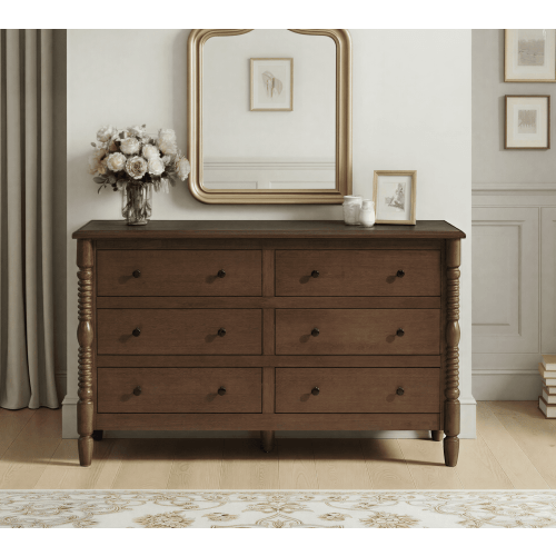 Walker Edison Easy Assembly Solid Wood Dresser, 6 Drawers, Spindle Design, Dark Brown
