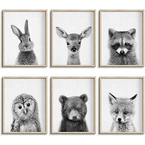 EPHANY Black and White Wall Art, Baby Animal Posters and Prints, Safari Bunny Prints, Nursery Bear Wall Art, Owl Print Wall Art Nordic Picture Kids Room Decoration (YMX017,8"x10"(20x25cm))