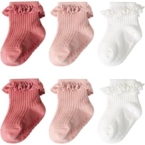 DRESHOW BQUBO Baby Girls Toddler Anti Slip Socks - Cute Frilly Ruffle Grip Ankle Socks for Infant Toddler