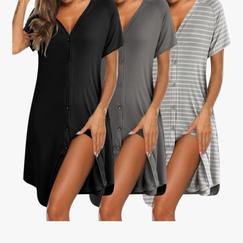 Ekouaer 3 Pack Women's Nightshirt Button Down Nightgown Short Sleeve Sleepshirt V Neck Pajama Dress with Pockets
