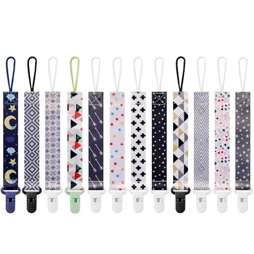 12 Pack Pacifier Clips with Short Strap(25.5cm) - Premium Polyester Baby Pacifier Holder Set, Multi-Design Clips for Boys Girls (Multicolor E 25.5cm)