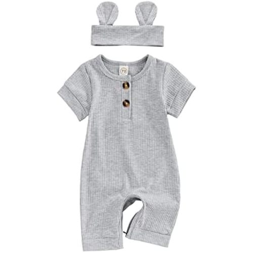 Infant Boys Girls Clothes Set Newborn Baby Romper Hat Ribbed Knit Long Sleeve Button Solid Bodysuit Jumpsuit
