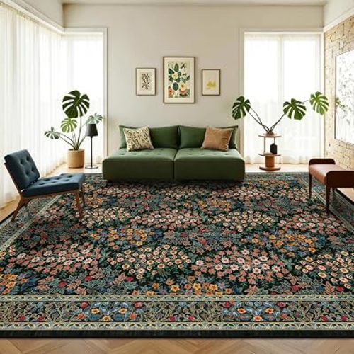 8x10 Area Rugs, Machine Washable Low Pile Floral Rugs for Living Room, Bedroom, Large Boho Area Rug with Non-Slip Backing for Dining Room(Black Floral)