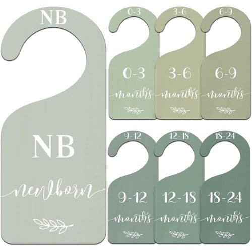 Whaline 7Pcs Green Wooden Baby Closet Size Dividers with Green Velvet Bag Newborn to 24 Month Thicken Infant Wardrobe Hanger Organizers for Home Nursery Supplies