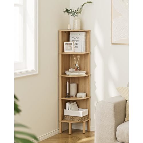 Corner Shelf, 5 Tier Corner Bookshelf, Display Corner Shelf Stand with Storage Rack, Wall Corner Bookshelf for Living Room, Bedroom, Office, Oak