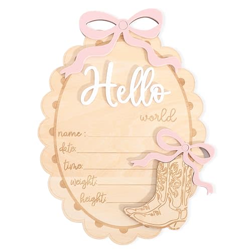 Wooden Baby Birth Announcement Sign - Hello World Newborn Photo Prop, Personalized Name & Date Plaque, Shower Decor, Nursery Keepsake for Newborn Photography (Cowgirl&Bow)