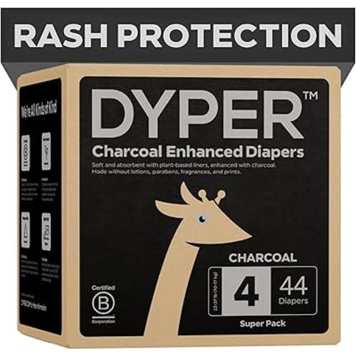 DYPER - Charcoal Enhanced Day & Overnight Disposable Baby Diapers - Made with Plant-Based* & Honest Ingredients, Hypoallergenic for Sensitive Skin - Size 4, (44 Count)