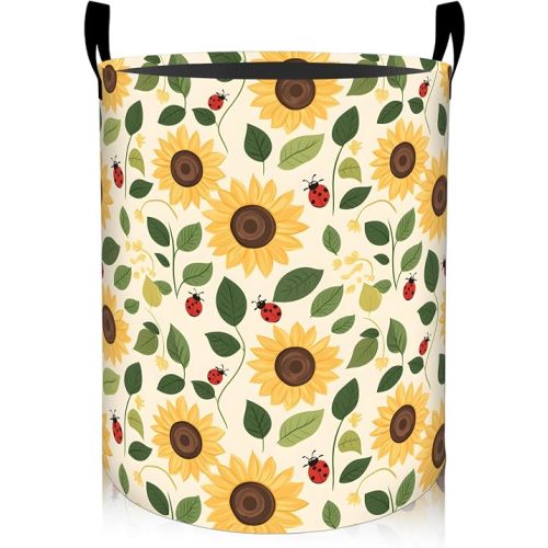 Sunflower Ladybug Laundry Basket, Cheerful Botanical Collapsible Oxford Cloth Clothes Hamper 19.7"x15.7", Fresh Garden Leaves Waterproof Storage Bin for Bedroom Bathroom Closet Decor Gifts
