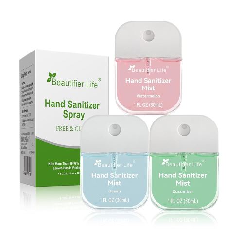 Mini Portable Hand Sanitizer Spray (3-Pack) - Pocket-Sized 1 Fl Oz Travel, Ultra-Soothing 70% Alcohol Formula, Power Mist, No-Rinse Fast-Dry - Ocean Watermelon Cucumber