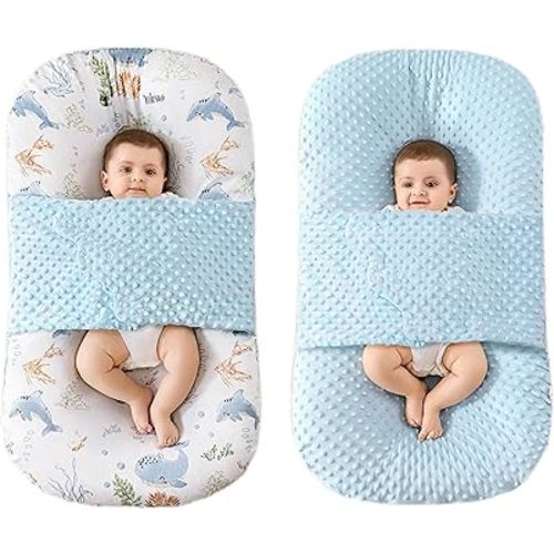 Baby Lounger, Baby lounger Pillow, 2 Sides Soft & Breathable 100% Cotton Cover, 0-24 Months Portable Infant Nest, Large Newborn Pillow, New Born Essentials must haves (Blue)