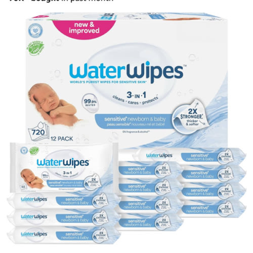 WaterWipes Sensitive+ Newborn & Baby Wipes, 3-In-1 Cleans, Cares, Protects, 99.9% Water, Unscented & Hypoallergenic, 720 Count (12 Packs)