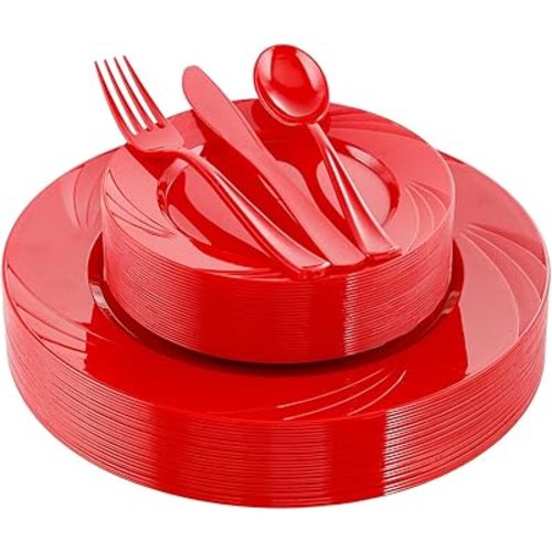 YOUBET 125Pieces Red Plastic Plates - Heavy Duty Disposable Silverware - Include 50 Plates 25 Forks 25 Knives 25 Spoons - Perfect for Christmas & Party
