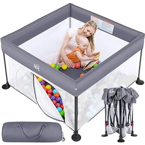 MEM Baby Playpen, Foldable Playpen for Babies and Toddlers, Indoor Outdoor Playpen Baby Activity Center with Zipper Gate, Pop Up Portable Playpen Play Yard for Baby, 49"x49", Grey