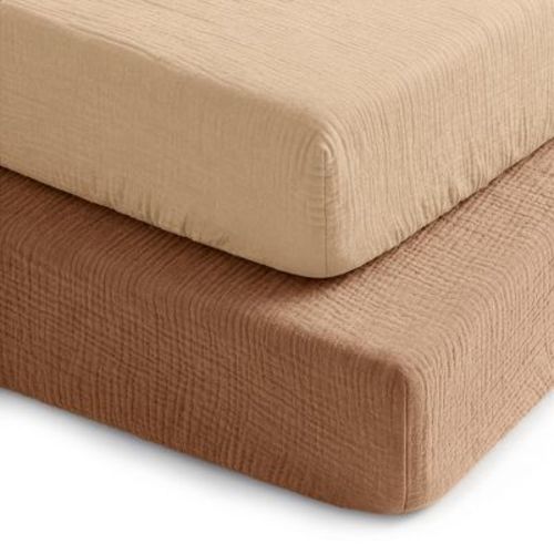 Comfy Cubs 100% Muslin Crib Fitted Sheet 2 Pack, Cedar and Cream - 100% Cotton, Soft & Breathable Crib Sheets - Snug Fit, Secure Elastic