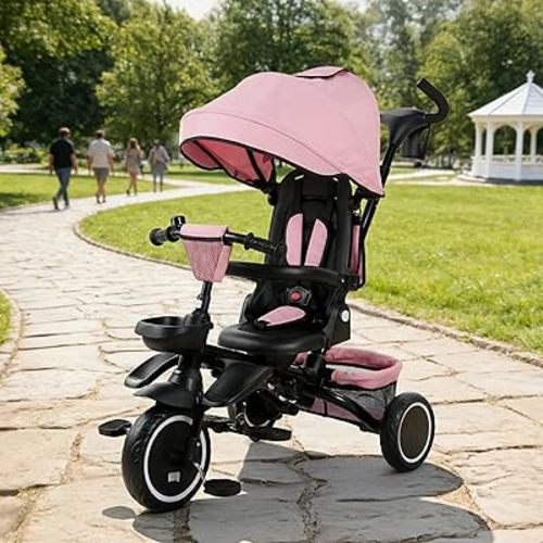 8 in 1 Kids Tricycle, Folding Toddler Tricycle Stroller w/Reversible Seat, Adjustable Push Rod & Canopy, Baby Trike Bike, Lockable Wheel Dual Brake, 5-Point Harness, Cup Holder (Pink)