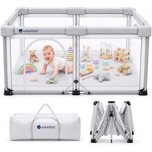 usbettas Foldable Baby Playpen, 59"x71", Light Gray