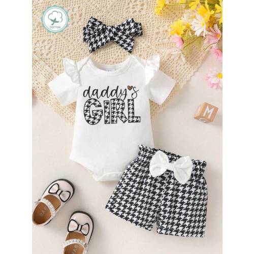 3pcs Baby Girl Soft & Comfortable Casual Elegant Sweet Cute "Daddy's Little Princess" Letter Slogan Ruffle Sleeve Romper, Butterfly Decor Houndstooth Elastic Waist Shorts, And Headband Set, Infant Toddler Girl Clothing, Suitable For Daily Wear, Vacation,