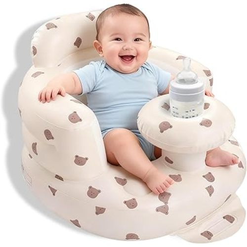 Arscniek Inflatable Baby Seat Built in Air Pump, Blow Up Baby Chair with Back Support and Tray, Sit Me Up Floor Seat for Babies 3-36 Months, Portable Infant Chairs for Indoor and Outdoor - Bear Head
