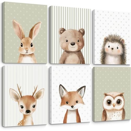 Woodland Animal Nursery Wall Art Baby Kids Canvas Poster Safari Animal Wall Decor Jungle Forest Prints Bear Fox Deer Pictures Sage Green Painting Neutral Artwork for Bedroom 12x16x6 Inch Ready to Hang