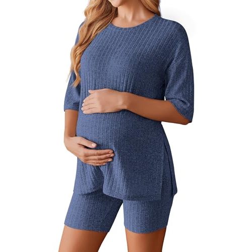 Ekouaer Maternity Sets Two Piece Outfits Ribbed Pregnancy Loungewear | Maternity Lounge Set, Split Side Maternity Shirts and Adjustable Biker Shorts for Pregnancy and Postpartum