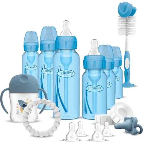 Dr. Brown's Natural Flow Anti-Colic Options+ Special Edition Blue Baby Bottle Gift Set with Soft Sippy Spout Transition Cup, Flexees Teether, Bottle Cleaning Brush and Travel Caps