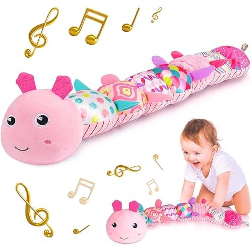 Infant Baby Musical Stuffed Animal Activity Soft Toys with Multi-Sensory Crinkle, Rattle and Textures, for Tummy Time Newborn 0-3-6-12 Months Girls, Caterpillar, Pink