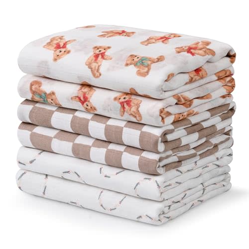 GLLQUEN BABY Receiving Blanket Boy Cotton Muslin Swaddle Blankets Girl Newborn Squares Breathable & Soft Thin Baby Blankets Cloths Double Absorbent Infant Swaddling Wrap - 6 Pack (Christmas Bear)