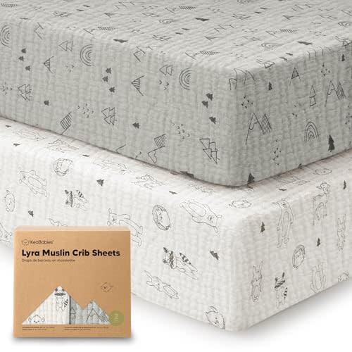 KeaBabies 2-Pack Muslin Crib Sheets for Boys, Girls - 100% Organic Cotton Fitted Baby Crib Mattress Sheet, Soft Breathable Standard Toddler Bed Cover Bedding Set, Neutral, Durable 52x28 (Woodland)