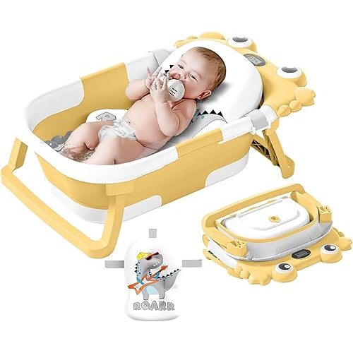 Collapsible Baby Bathtub for Newborns to Toddler with Real-time Temp Monitor & Floating Cushion,Portable Travel Tub Foldable Baby Bath Tub for Infants (Yellow)