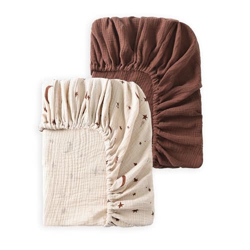 TADO MUSLIN Baby Crib Sheets 2 PCS, 100% Organic Cotton Crib Sheet for Standard Crib Mattress(52x 28), Fitted and Soft Breathable Muslin Crib Mattress Sheet for Girl and Boy (Star, Brown)