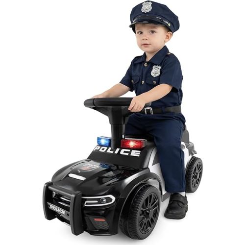 HONEY JOY Police Car Ride On, Push Car for Toddlers, Siren Light & Sound, Music, Under-Seat Storage, No Power Foot-to-Floor Sliding Car Ride On Toy for Kids Boys Girls Gift, Black
