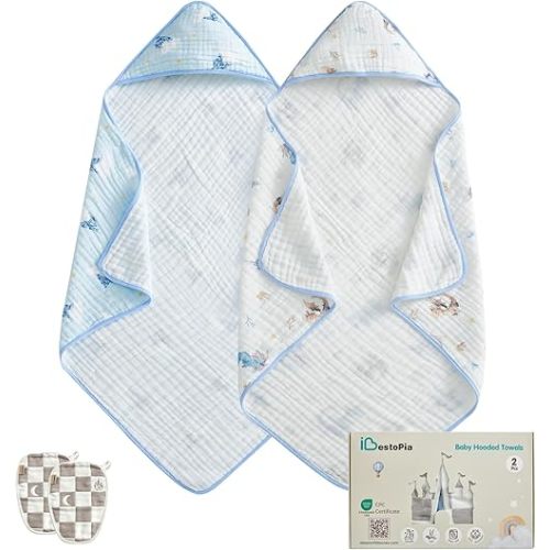 2-Pack Baby Hooded Bath Towels 32x32 Inch, 100% Cotton Soft Absorbent, Blue Castle & Baby Dragon Prints, Gift Box Set with 2 Wash Mitts