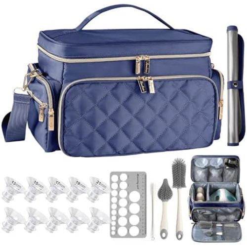 Breast Pump Bag Kit for Spectra S1/S2, Pumping Bag with Bottle Brush Set, 10Pcs Flange Inserts for 24mm Flange, Nipple Ruler, Waterproof Mat, Pump Carrying Case for Work Travel, Navy Blue