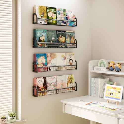 Luwesde Wall Mounted Bookshelf Set of 4, Hanging & Floating Book Shelves for Kid Nursery & Bedroom, Metal Organizer & Decor - Black