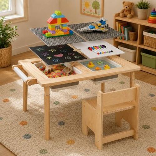 6-in-1 Kids Table and Chair Set with Adjustable Height and 2 Storage Bins, Wooden Sensory Activity Table, Natural