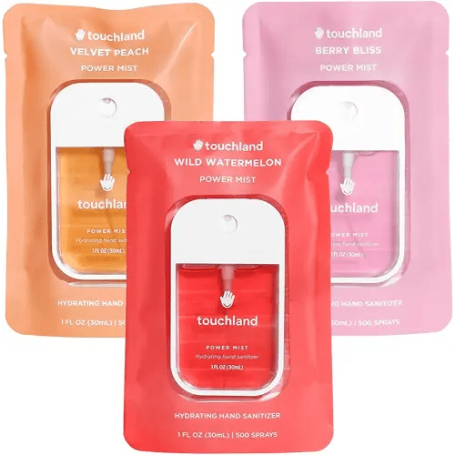 Touchland Power Mist Hydrating Hand Sanitizer Spray, JUICY Trio Set (Watermelon, Peach, Berry), 1 FL. OZ. Travel Size (Set of 3)
