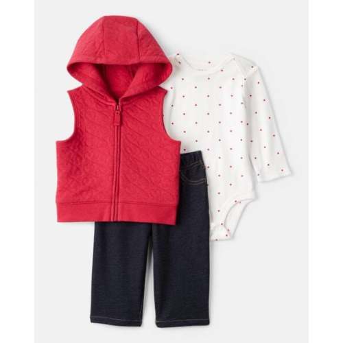 Baby Girl 3-Piece Heart Quilted Vest Outfit Set - Red | Carter's