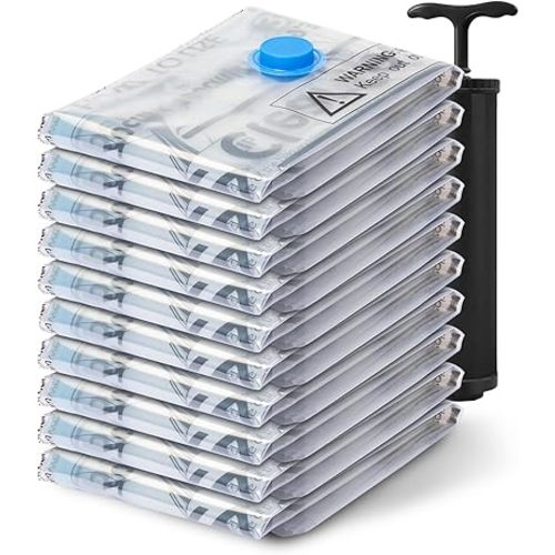 Vacuum Seal Bags for Clothing Travel, 10 Jumbo - Space Saver Vacuum Storage Bags, Blanket & Clothes Storage Bags Vacuum Sealed – Hand Pump Included, Bolsas Para Guardar Ropa Al Vacío