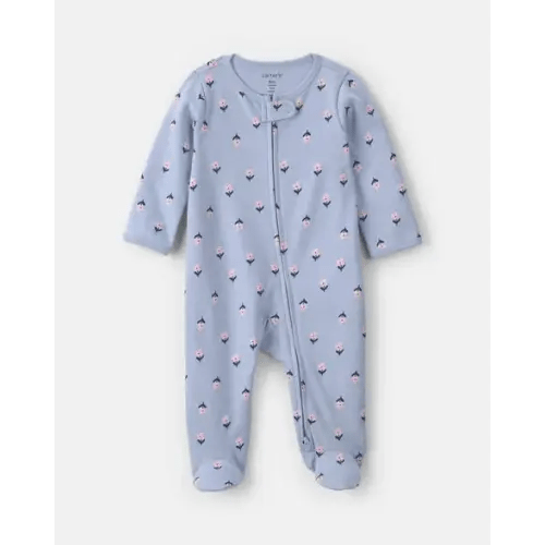 Baby Girl 2-Way Zip Flower & Butterfly Cotton Sleep & Play Pajamas - Blue | Carter's