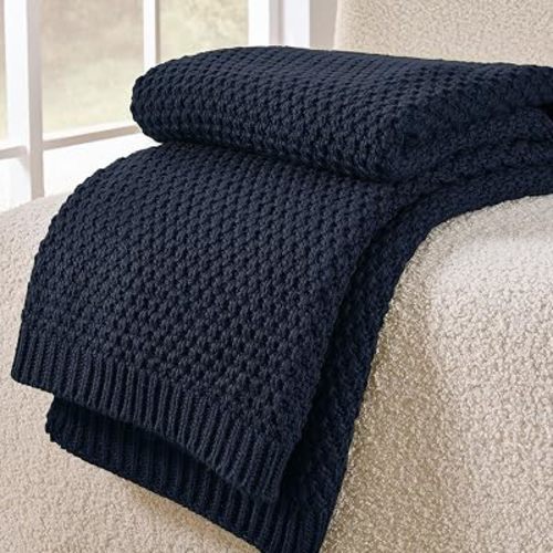 Navy Blue Throw Blanket, Sweater-Soft Moss Knit, 50" x 60"