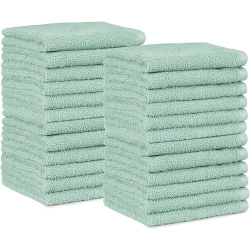 Amazon Basics Highly Absorbent, Fast Drying 100% Cotton Washcloths for Bathroom, Machine Washable, 12 x 12 inches, Seafoam Green, 24-Pack