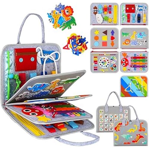 Montessori Busy Board for Toddlers – Sensory Busy Book with Buckles, Zippers, Letters, Animals, Toddler Activities – Fine Motor Skills Development Learning for Boys Girls Travel Activity