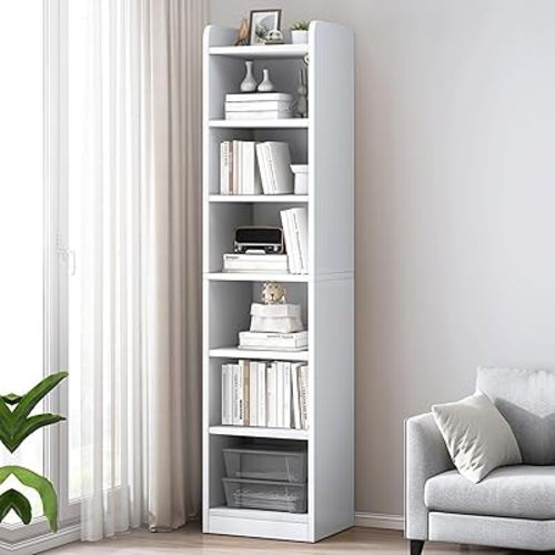 cdar Tall Narrow Bookcase, 70.9 Inch Modern White Corner Bookshelf 6 Tier Cube Display Shelf Floor Standing Storage Organizer for Home Office Small Space White