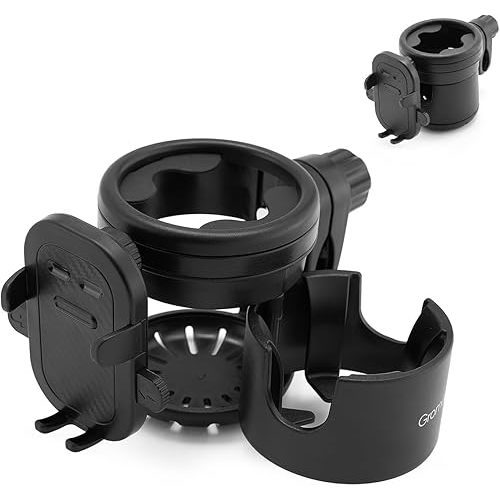 Gromast Universal Stroller Cup Holder with Phone Holder, 3-in-1 Detachable Drink Holder 360° Rotatable, Adjustable Cup Holder for Baby Stroller, Tricycle - Black
