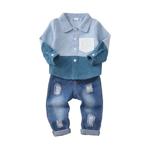 NZRVAWS Toddler Baby Boy Clothes Infant Plaid Pocket Shirt Denim Ripped Jean Pants Outfits Set 6-24 Months 2-5T