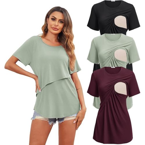 Ekouaer Women's Maternity Shirts Short Sleeves Nursing Tops 3 Pack Double Laye Breastfeeding Tees Pregnancy Clothes S-XXL